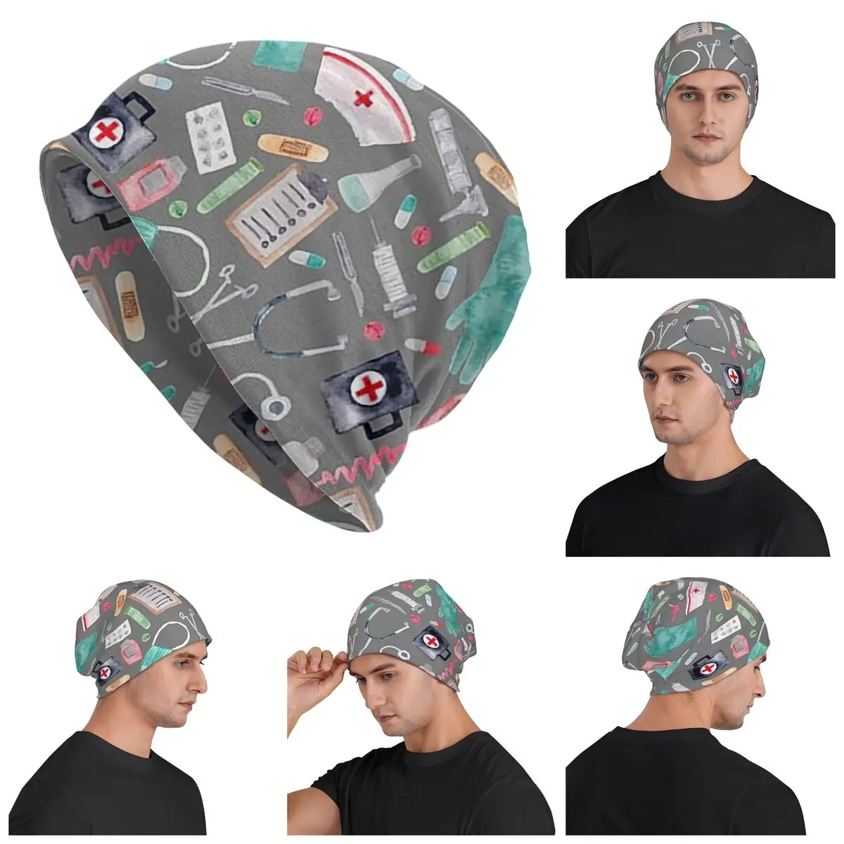 

Medical Pattern Doctor Nurse Watercolor Grey Texture Warm Knitted Cap Fashion Bonnet Hat Autumn Outdoor Beanies Hats Adult