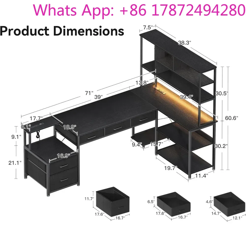 L Shaped Desk with File Drawers, Reversible L Shaped Gaming Desk with Power Outlets & LED Lights