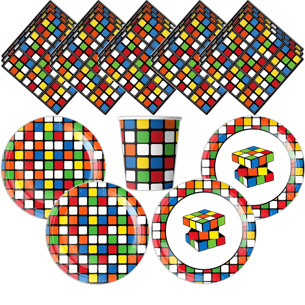 Rubik's Cube Birthday Party Decoration Disposable Dinnerware Block Tableware Paper Plate Tablecloth Kids Baby Shower Supplies