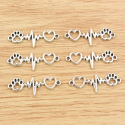 10pcs 12x34mm Charms ECG Heartbeat Connector Heart Dog Claw Link Antique Silver Color Pendant Making DIY Tibetan Finding Jewelry