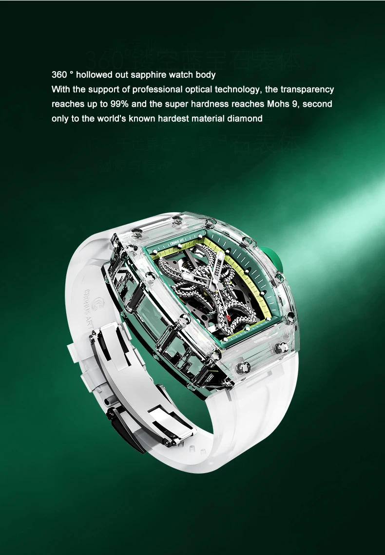 CRONUSART orologio automatico da uomo 50mm Luxury Tonneau orologio da polso meccanico cassa in zaffiro cinturino in Silicone liquido luminoso quadrante blu