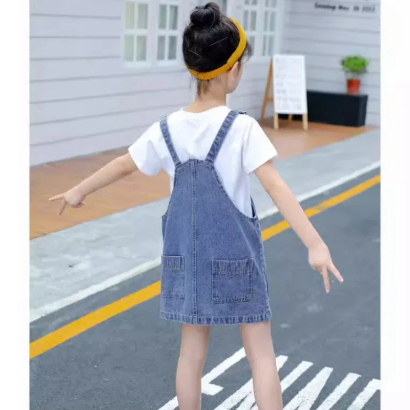 Spring Autumn School Girl Clothes Set Junior Girl Striped Long Sleeve Tops Denim Suspender Skirt Set For Girls Long Skirt