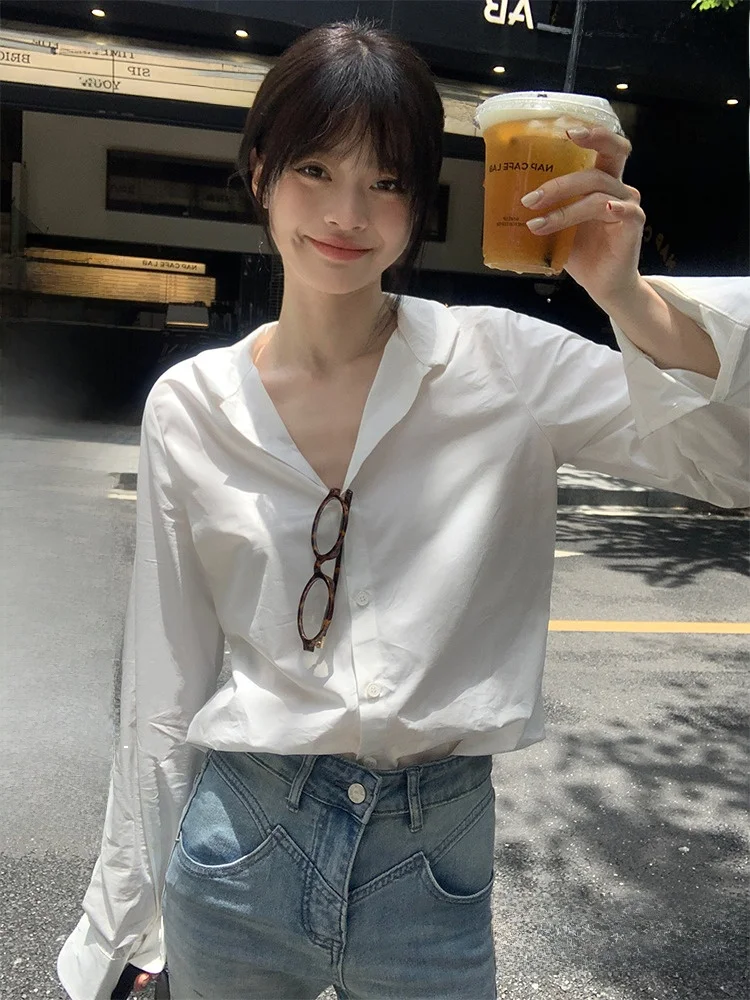 

Song Zhengen Commute Sle Long Sve White irt Women's Faionable Turn-down Collar Top Korean Version Straight Cut