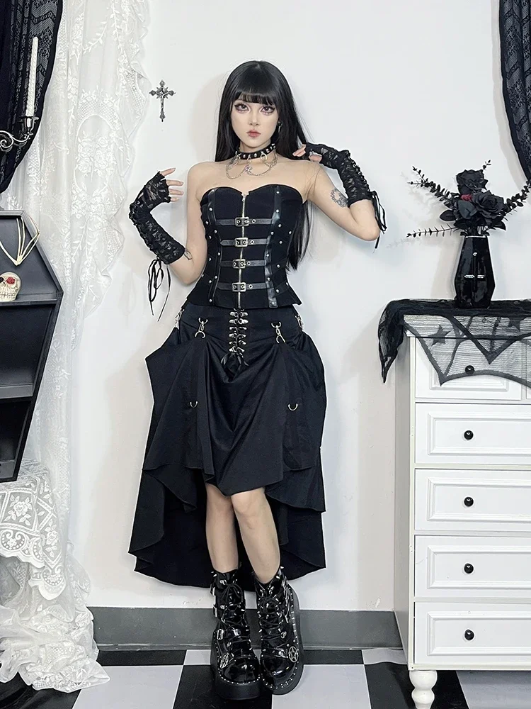 AltGoth Streetwear Gothic Skirt Women Harajuku Emo Alternative Grunge High Waist Bandage A-line Skirt Y2k E-girl Indie Clothes