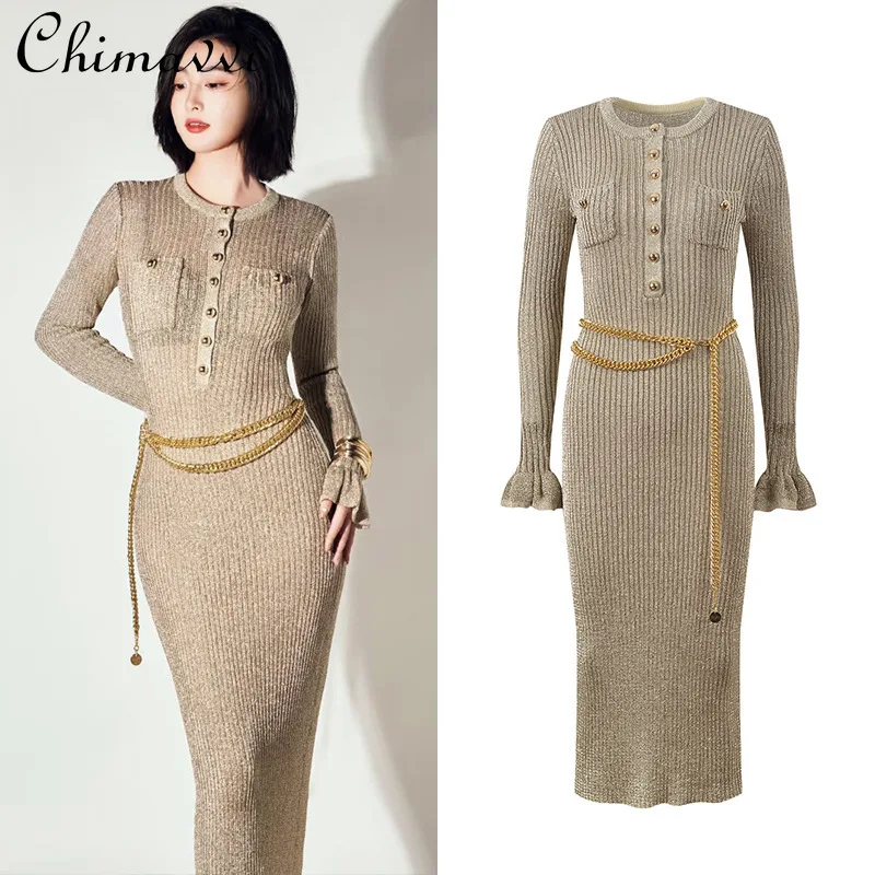 

2025 Autumn Winter New French Fashion Slim Fit Round Neck Long Sleeve Knitted Dress High-end Elegant Mid-length Women's Dress