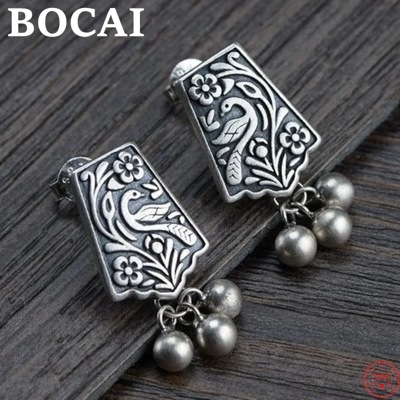 

BOCAI s925 sterling silver stud earrings 2020 new phoenix flower woman tassel tremella Thai silver fashion women's stud