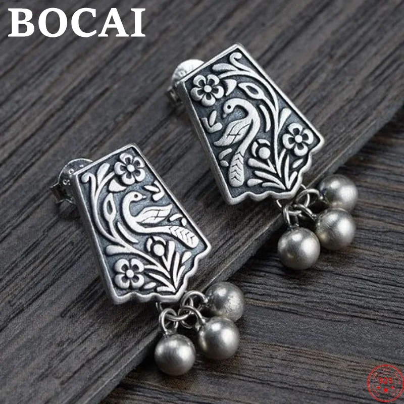 BOCAI S925 Sterling Silver Earrings for Women New Fashion Phoenix Flower Tassel Tremella Pure Argentum Ear Studs Jewelry