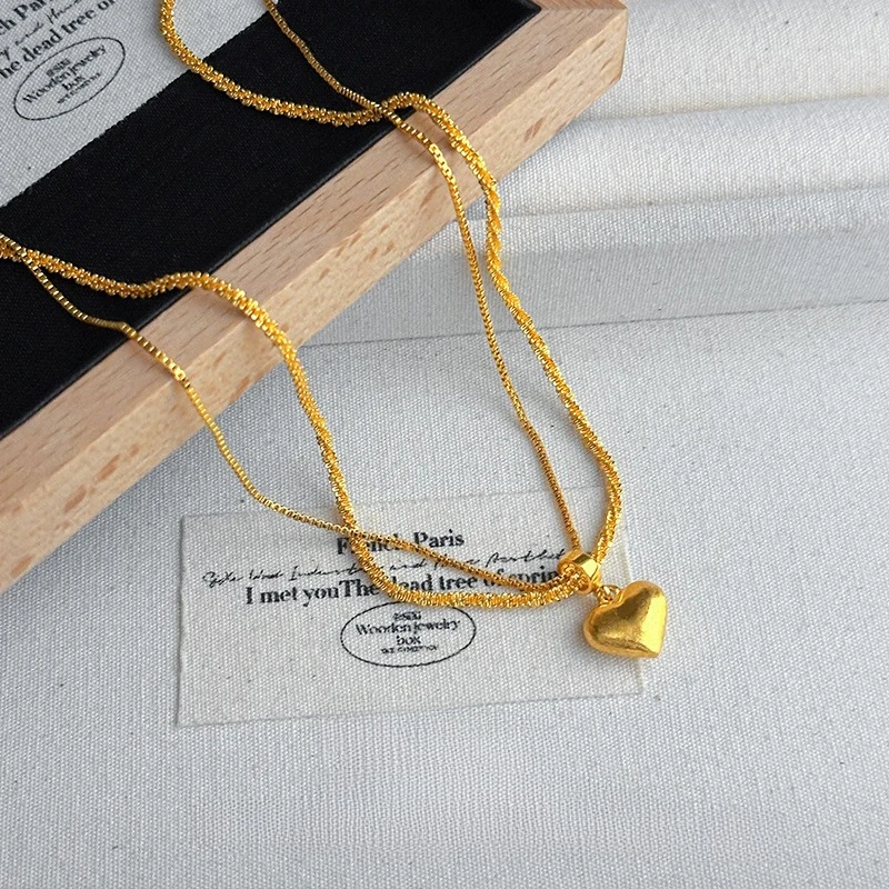 

Luxury K18 Gold Color Double Chain Heart Pendant Necklace for Women Lover Valentine's Day Birthday Jewelry Sets Gifts