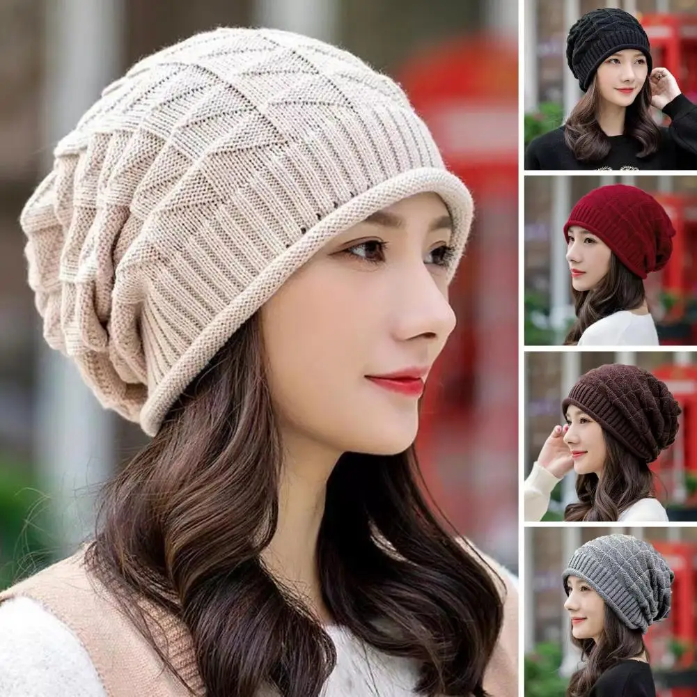 Winter Unisex Knitted Hat Stretchy Windproof Solid Color Ear Hip Hop Warm Cap Hiking Traveling Shopping Piled Cap