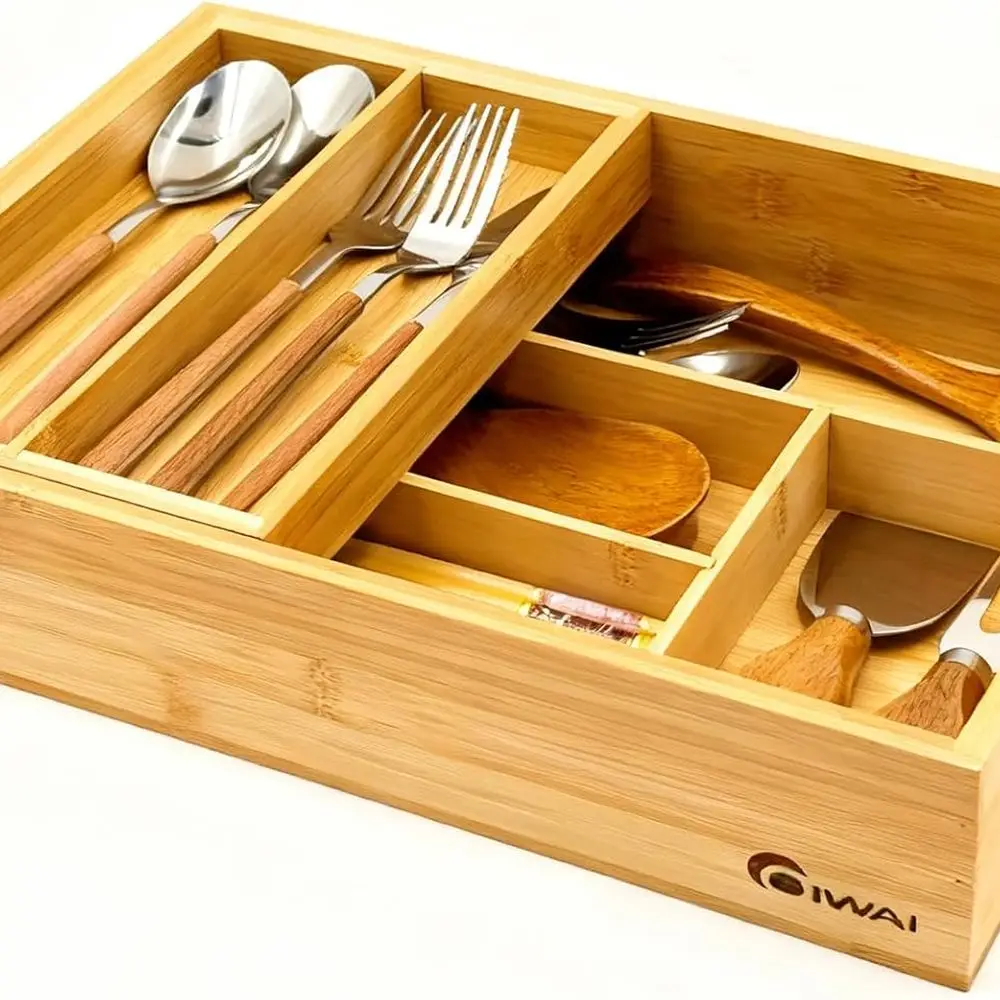 

2-х уровневый бамбуковый органайзер со съемным подносом для кухонной утвари, столового серебра и косметики
