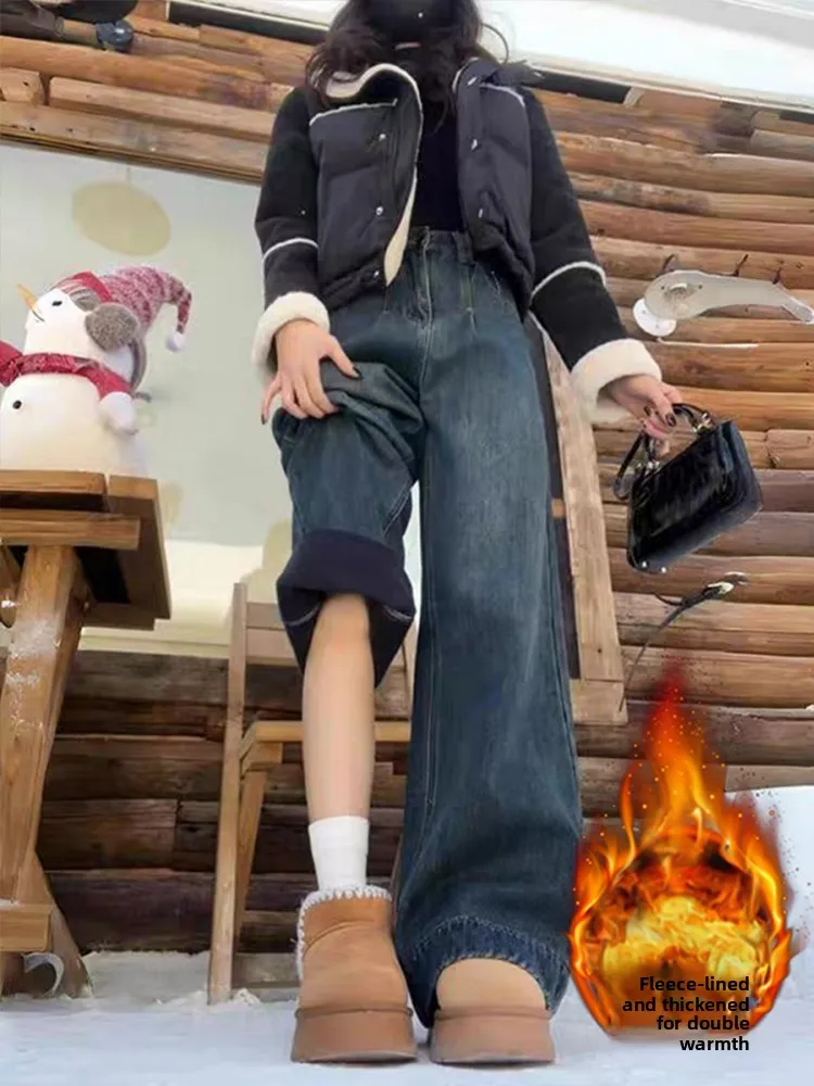 

Женские джинсы больших размеров с флисовой подкладкой, осенне-зимние, для фигуры типа «груша», свободные, с высокой талией, прямые, широкие штанины