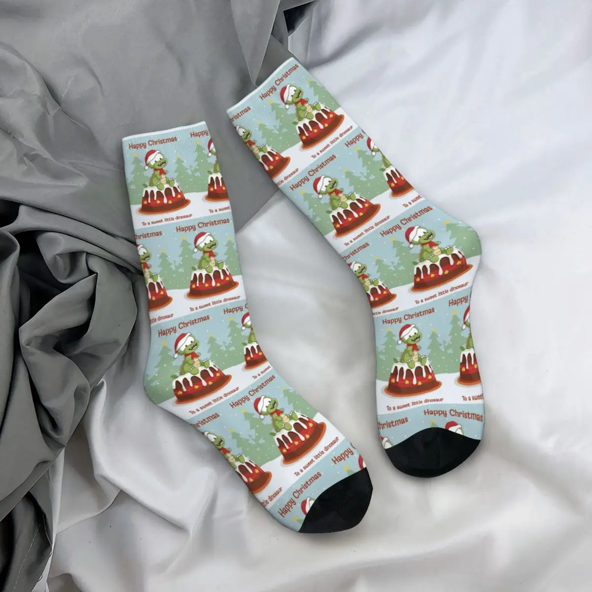 All Seasons Crew Stockings Christmas Dinosaur On A Cake Festive Holiday Design Socks Crazy Hip Hop Long Socks for Men Women