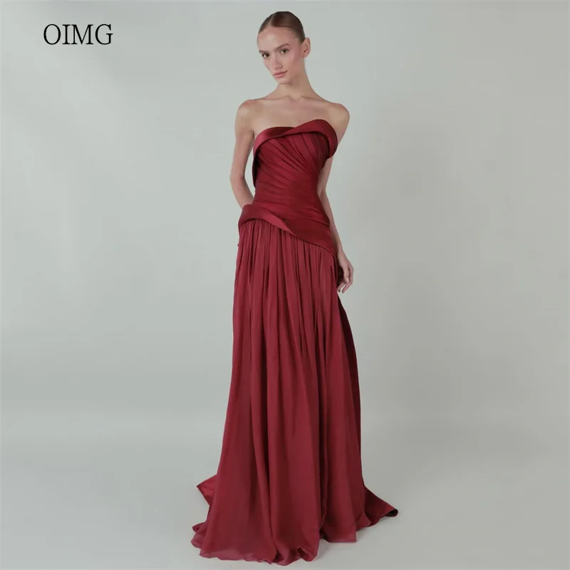 

OIMG Graceful Burgundy Strapless A Line Prom Gowns Chiffon Backless Pleated Party Gown Floor Length Evening Dress Customized