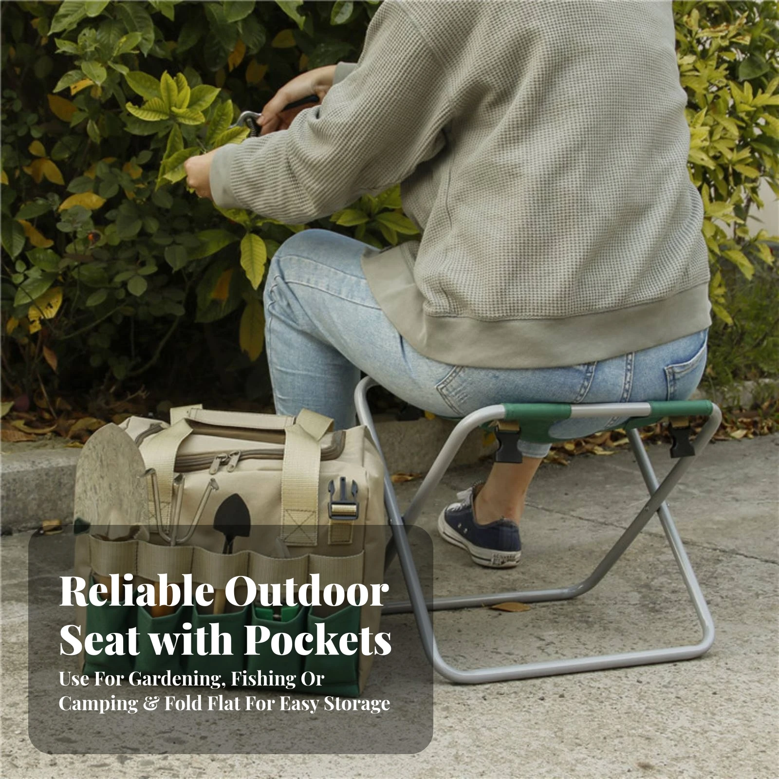 Foldable Garden Stool with Storage Bag Sturdy Portable Gardening Stool with Tool Pockets Portable Garden Chair Stable Practical