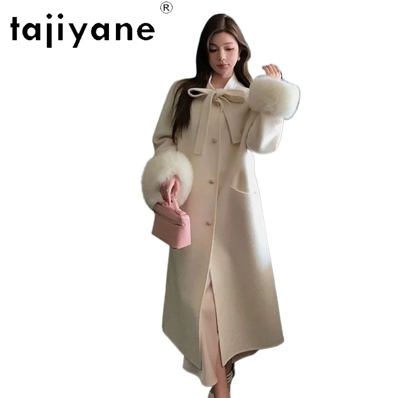 TAJIYANE 100% Pure Sheep Wool Coat Women Winter Coat Fox Fur Cuffs Long Coats for Women Clothing Luxury 2026 Bow Jackets Пальто