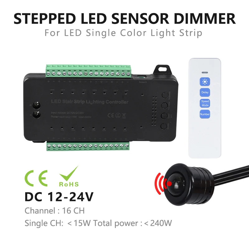 16 Step Tread Lamps LED Stair Strip Lighting Controller DC 12V 24V 10A 240W PIR Infrared Motion Sensor RF Wireless Dimmer Remote