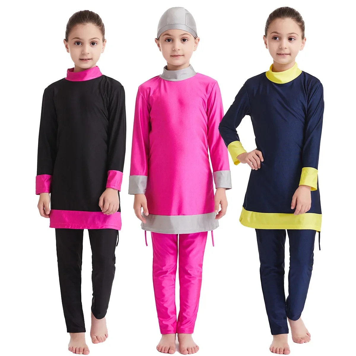 

Kids Burkinis Muslim Girls Swimwear Full Covered Arabian Swimsuits Elastic Islamic Hijab+Top+Pants 3Pcs Bathing Suit Swimming