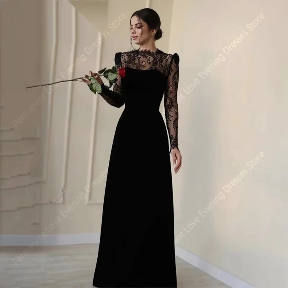 Formele Zwarte Vrouwen A-lijn Avondjurken Elegant Kant Lange Mouwen Prom Jassen Cocktail Party Vestido Para Mujer 2026 Aangepaste