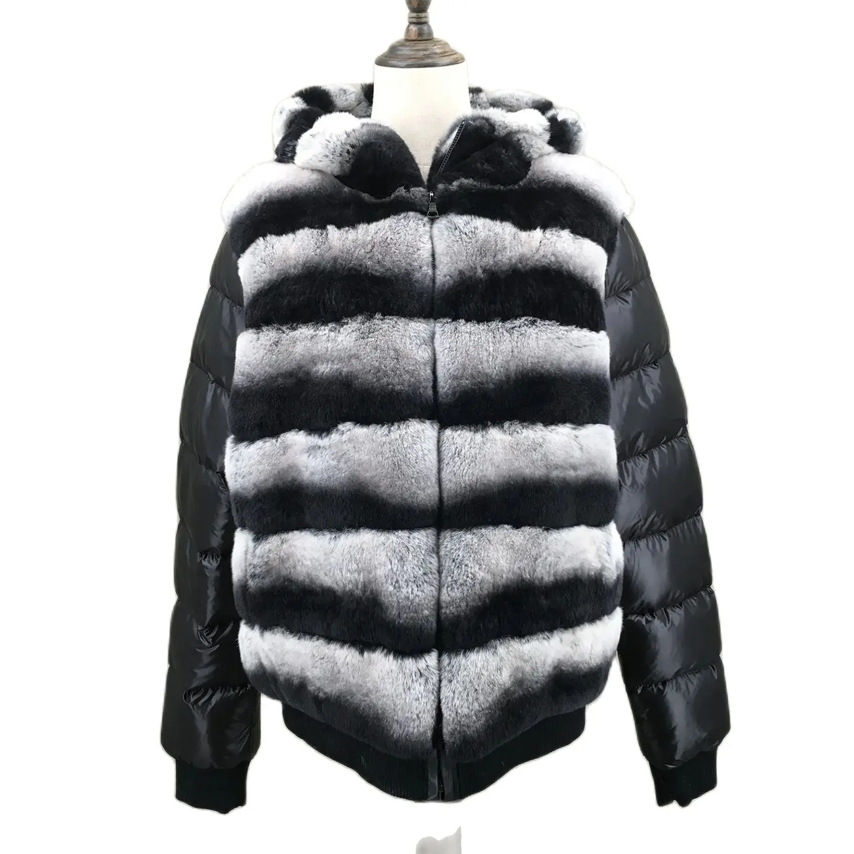 Real Rex Rabbit Fur Coat Jacket with Down Sleeves and Hat Hood Chinchilla 220609 Luxurious Outerwear, Black and Brown