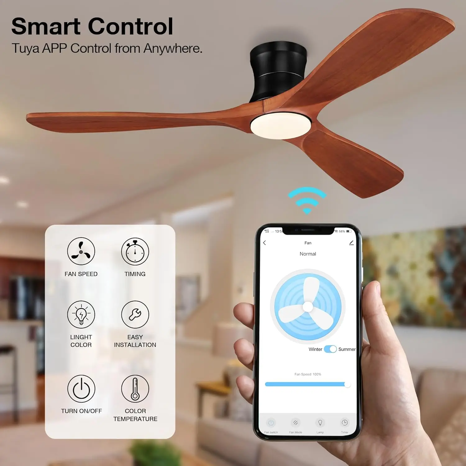 52” Smart Wood Low Profile Ceiling Fans with Lights Remote,Quiet DC Motor,Outdoor Indoor Flush Mount Ceiling Fan,Voice Control v