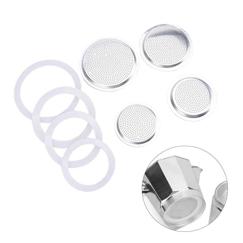 3 Silicone Gaskets And 1Pc Stainless Steel Filter Moka Pot Coffee Bottle Replacement Compatible With 3/6/9/12 Cup Moka Express