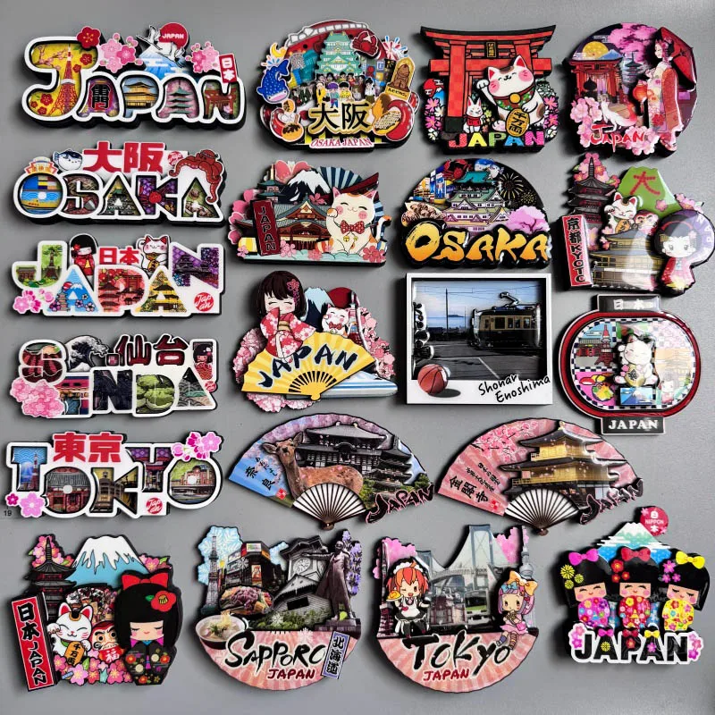 Wood fridge magnets Japan Osaka Kyoto Nara Kinkakuji Hokkaido Sendai Mount Fuji Lantern Japanese tourist souvenirs