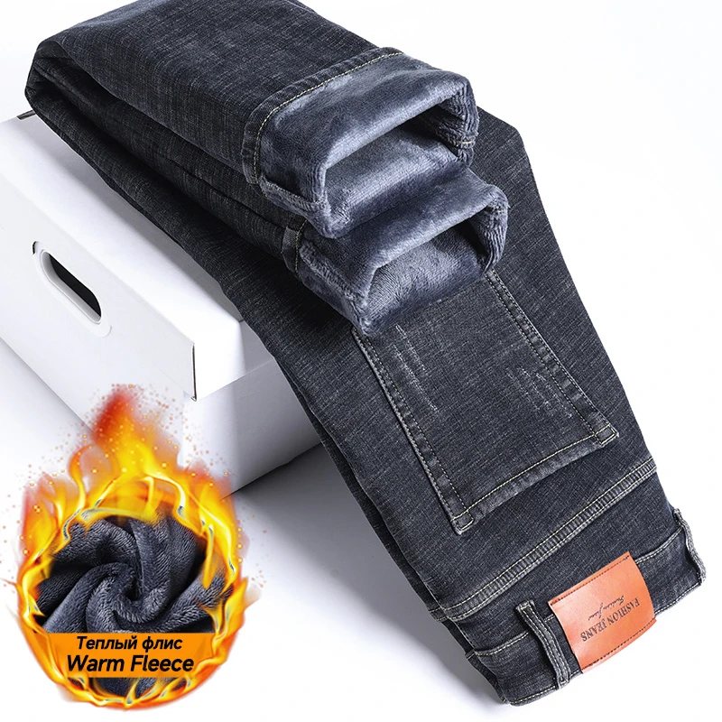Brand Clothing Winter Thermal Warm Fleece Men's Jeans Flocking Denim Pants Slim Straight Work Brushed Trousers Male Plus Size 40
