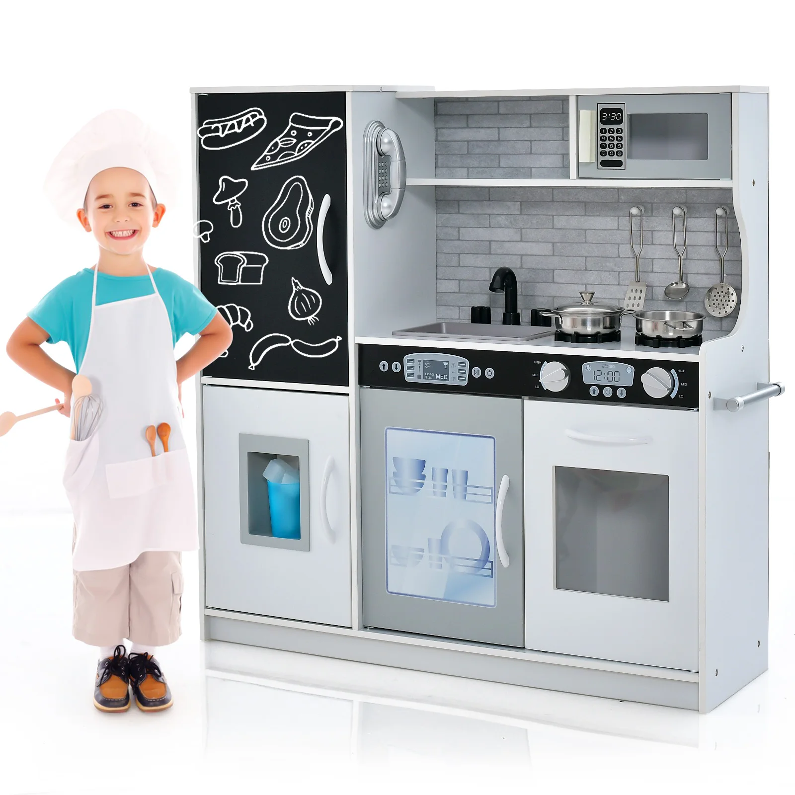 

Kid’s Pretend Play Kitchen Toddler Kitchen Playset w/ Blackboard White