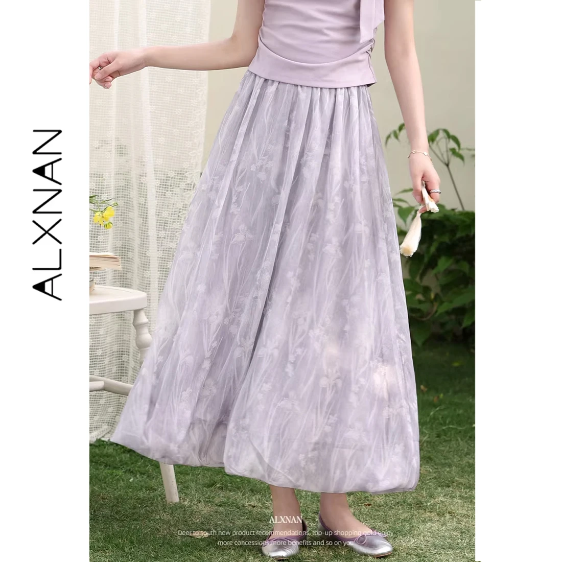 ALXNAN Purple Floral Skirt 2026 Spring Summer Vacation Style Long Elegant Women's Skirt Casual Holiday Female Clothing L62628