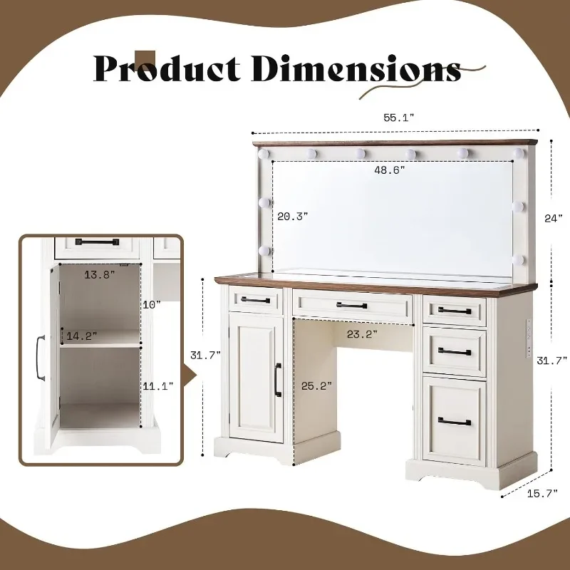 AMERLIFE  W Makeup Vanitys with Hollywood Mirror, Glass Top Vintage Vanity Desk with Lights &  Drawers & Charging Station for