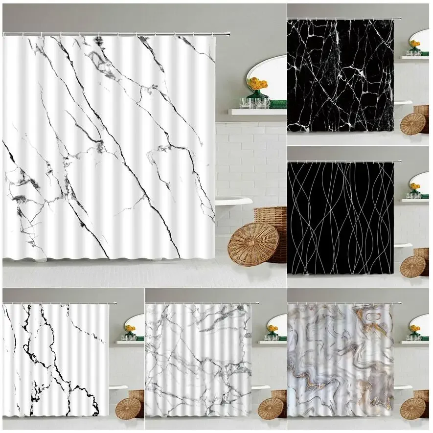 Marble Striped Shower Curtain for Bathroom, Waterproof Screen with Hook, White, Gray, Gold, Black, Decorative Accessories