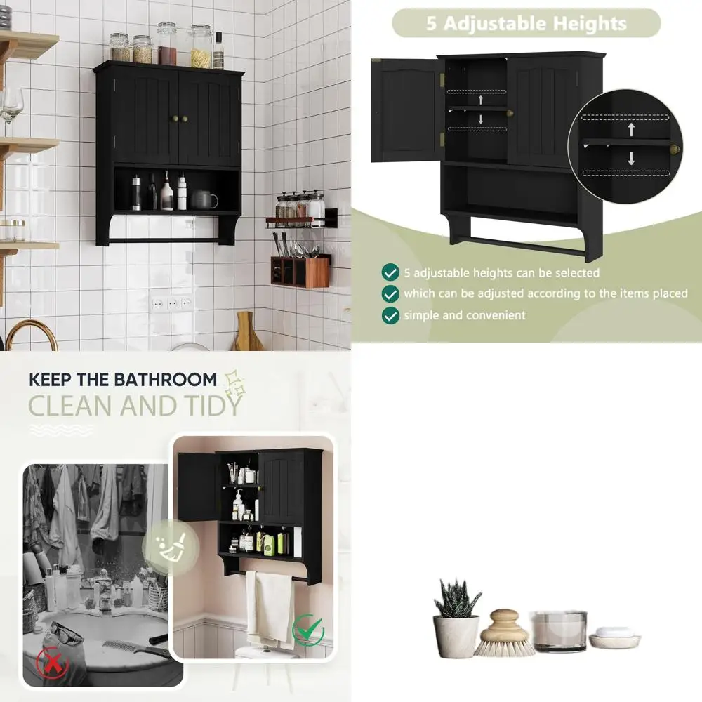 

Space-Saving Wall-Mounted Bathroom Cabinet with Towel Bar, 2-Door Medicine Storage, Adjustable Shelves for Toilet Area