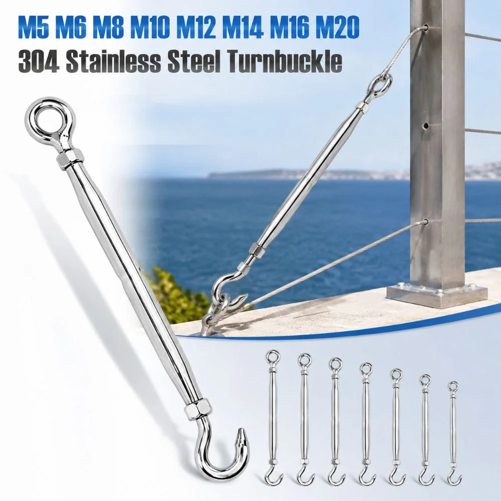 304 Stainless Steel Hooks&Eye Close Type Turnbuckle Adjustable M5 M6 M8 M10 M12 M14 M16 M20 Wire Rope Tensioner Sturdy