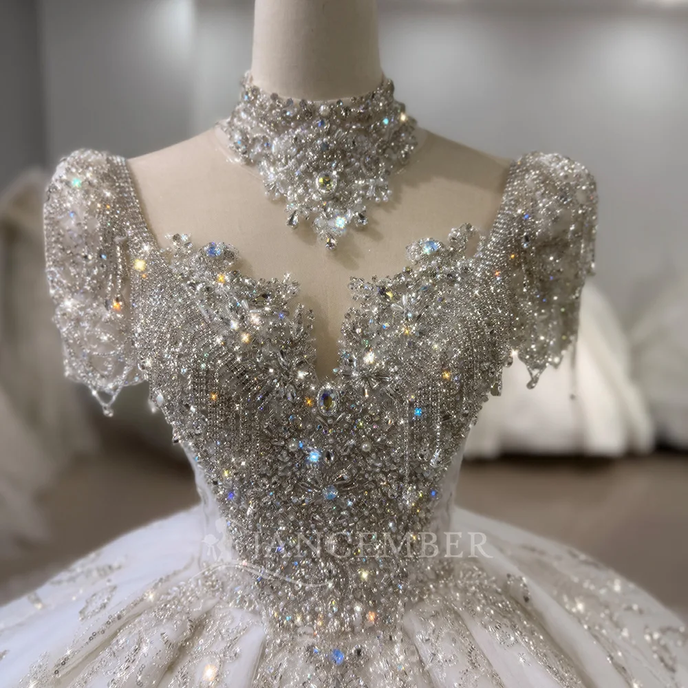 Maßgeschneiderte Kurzarm Brautkleider Sparkly Pailletten Applikationen Modest O-ansatz Brautkleid Prinzessin Robe Vestidos De Novia