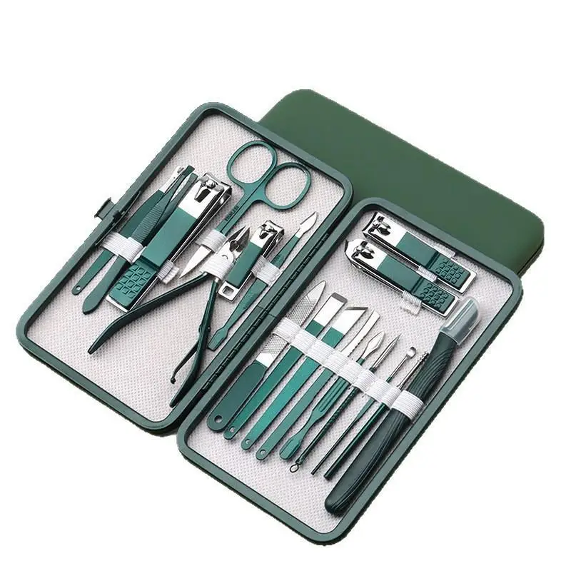Stainless Steel Nail Clippers Set 18Pcs Full Manicure Pedicure Kit with Leather Storage Box for Home Salon Use