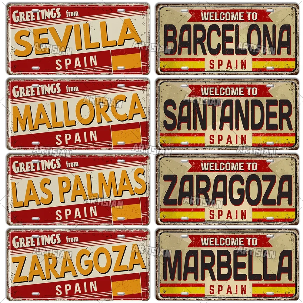 Welcome To SPAIN Plate Landmark Metal Sign City State Name Decorative Plaque Wall Decor Tinplate License Tin Sign for Bar Garage