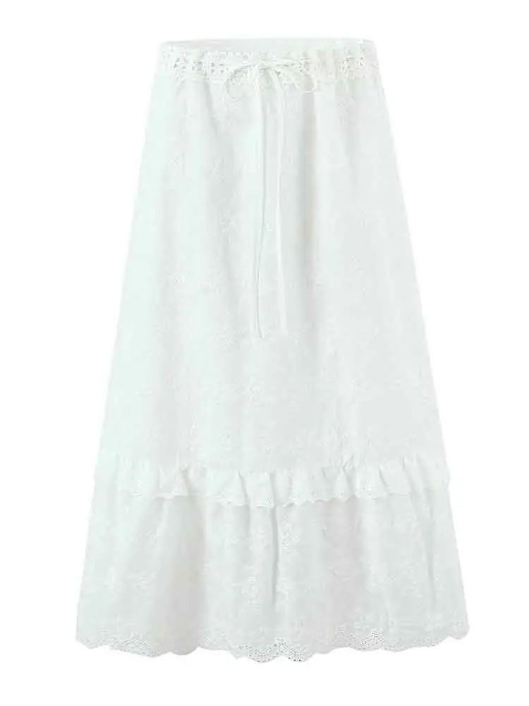 

European style new women's fashion versatile temperament simple solid color splicing hollow drawstring skirt