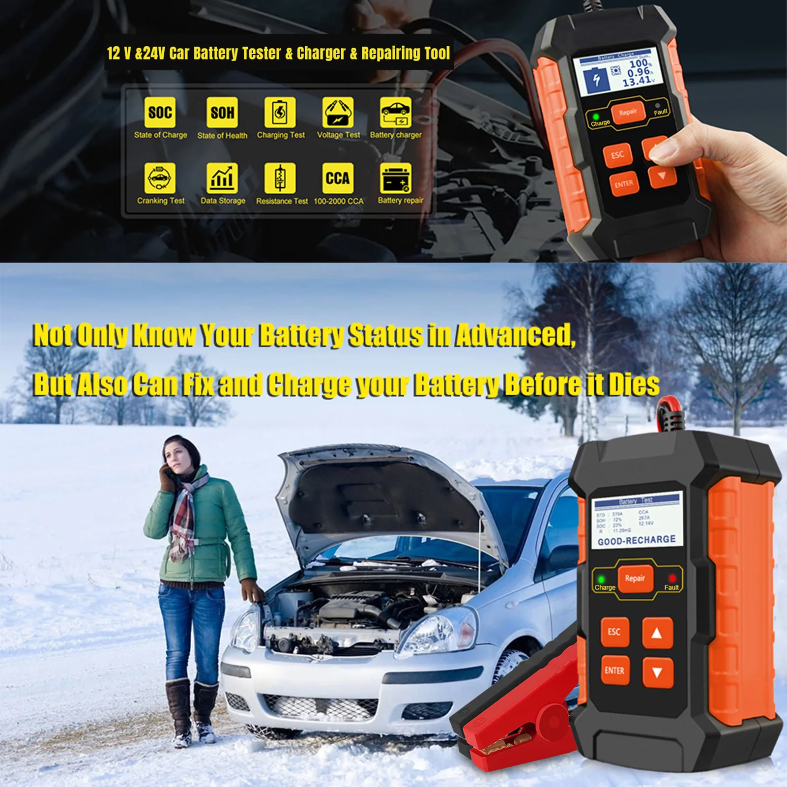 KONNWEI KW520 12V 24V Car Battery Tester Charger and Battery Repairing Tool 3 in 1 Diagnostic Scanner 100-2000CCA Battery Tester