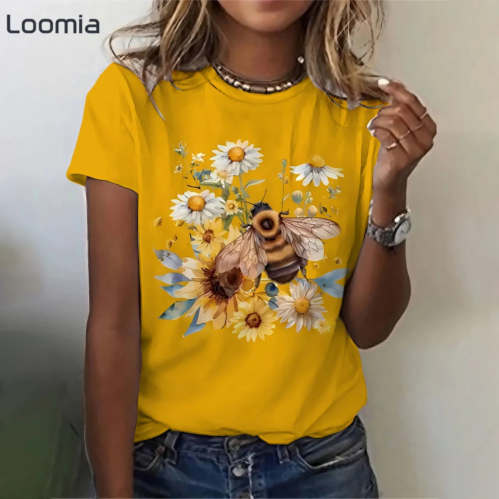 

New T-Shirt with Bee and Flower Pattern Summer Woman Clothing Simple Graphic T Shirts Quick-Drying O-Neck Women's T-Shirt Tops