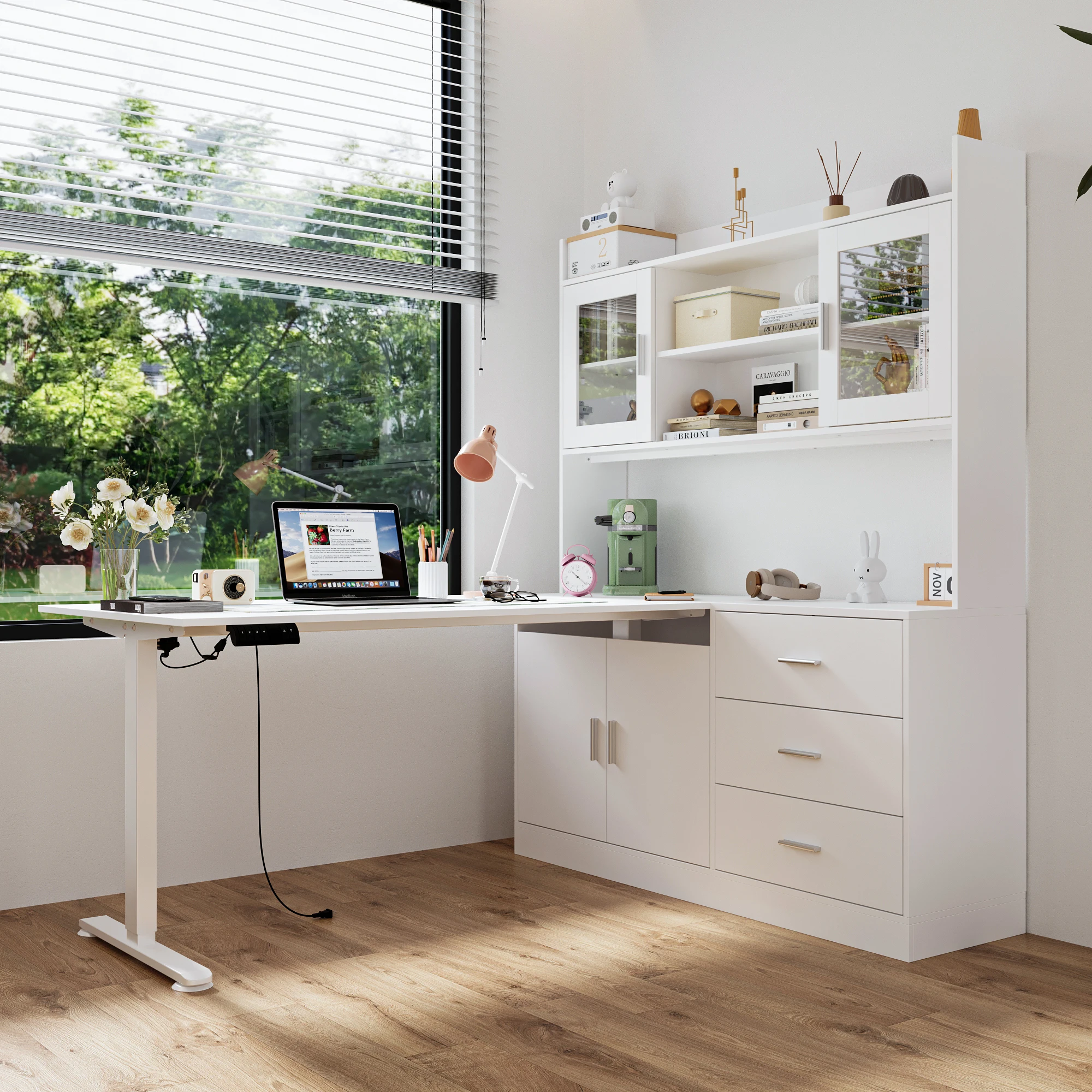 

FUFU&GAGA Electric height adjustable computer desk with 3 drawers, 1 cabinet & 2 open shelves, computer desk with open counter