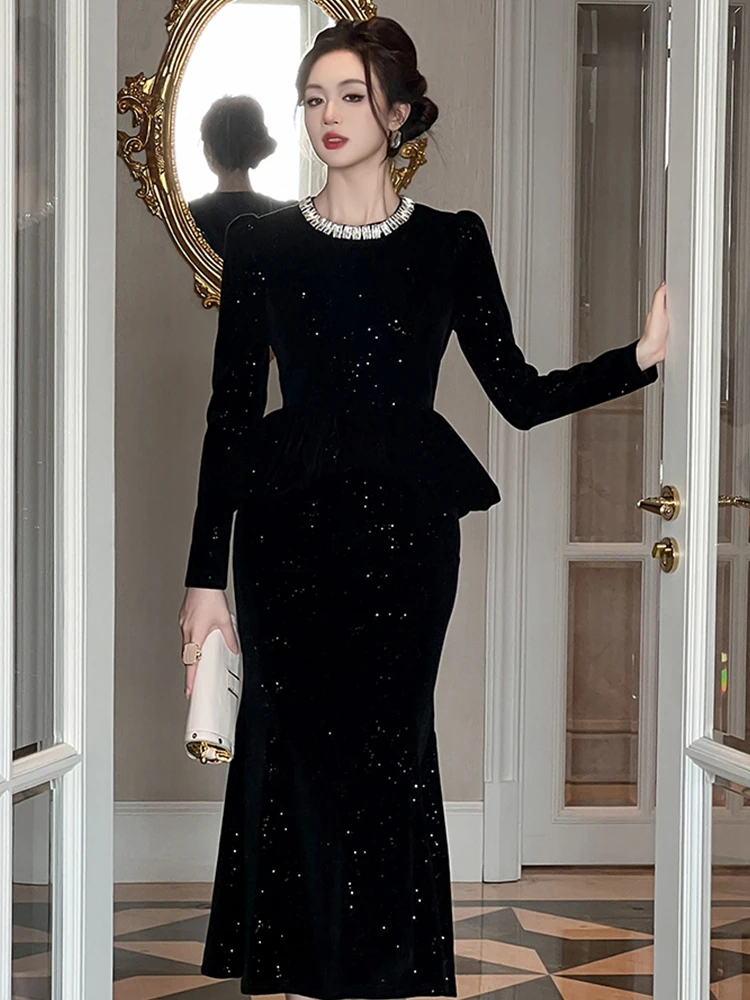 ملابس حريمي وهمية 2 قطعة أسود لامع س الرقبة سليم ذيل السمكة فستان طويل أنيق فاخر سيدة موضة حفلة موسيقية Vestidos رداء جديد