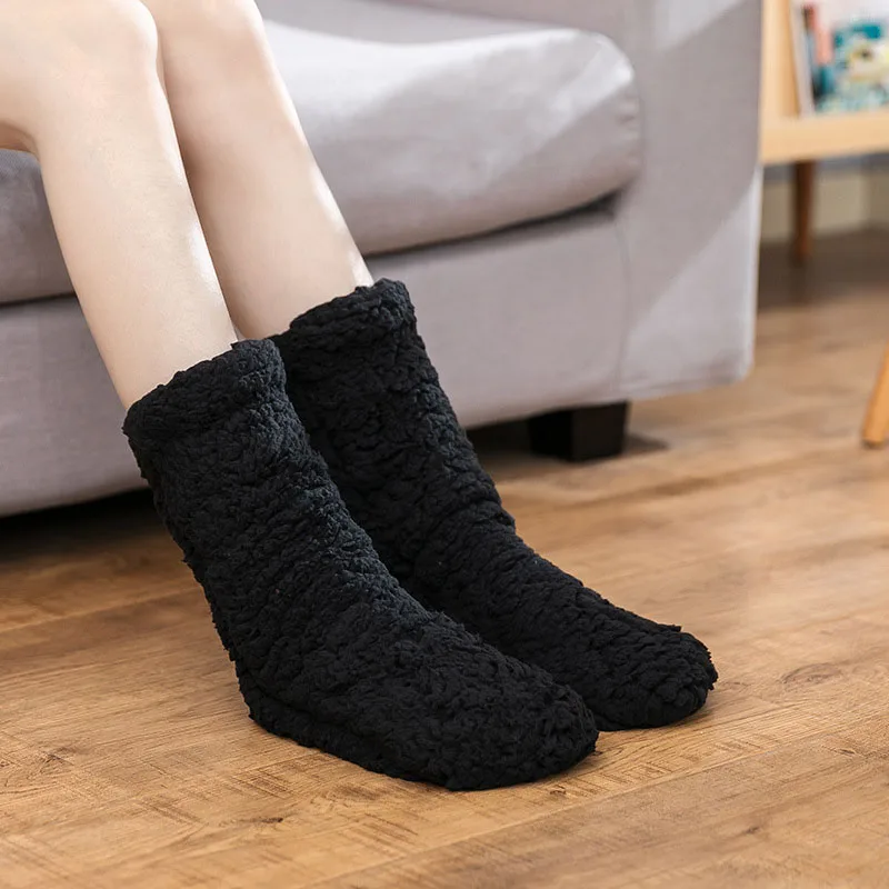 Anti-slip Silicone Floor Socks Women Autumn Winter Velvet Coral Fleece Socks Sleep Home Slippers Snow Socks Solid Color Socks