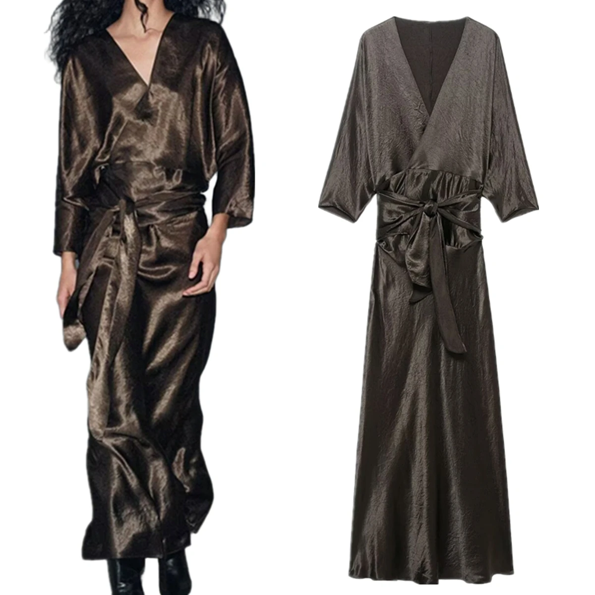 Sukienka Jenny&Dave, elegancka, plisowana, w stylu francuskim, prosta, satynowa, z marszczeniem w talii, midi, na imprezę, z dekoltem w serek, vestidos, sukienki damskie, długa sukienka