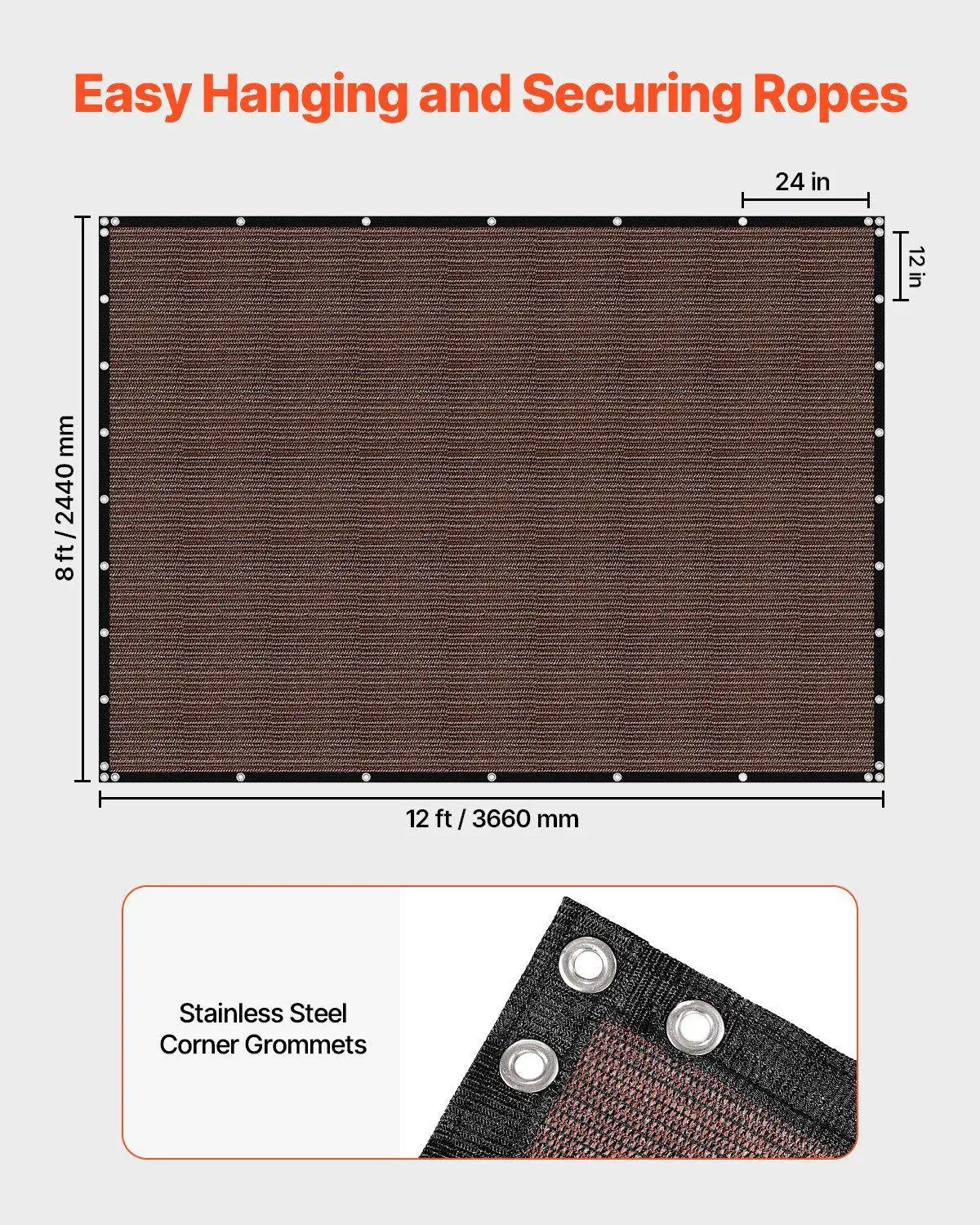 قماش تظليل حجب الشمس 8 × 12 قدم 90% حماية من الأشعة فوق البنفسجية 140GSM HDPE قماش عالي القوة مع فتحات معدنية لمسة نهائية بنية #4