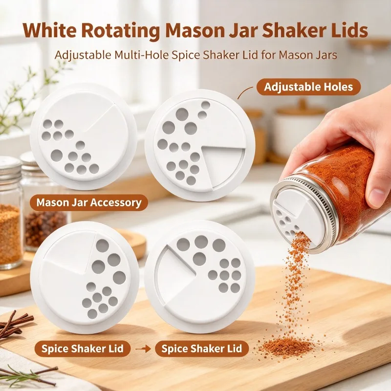 5 PCS White Rotatable Mason Jar Shaker Lid, Adjustable Multi-hole Spice Shaker Cover For Mason Jars Kitchen Storage Parts