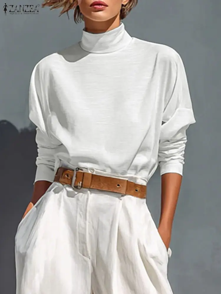 

ZANZEA, женские стильные блузки, осень 2021, водолазка с длинным рукавом, однотонные футболки, модные уютные повседневные повседневные топы 3XL