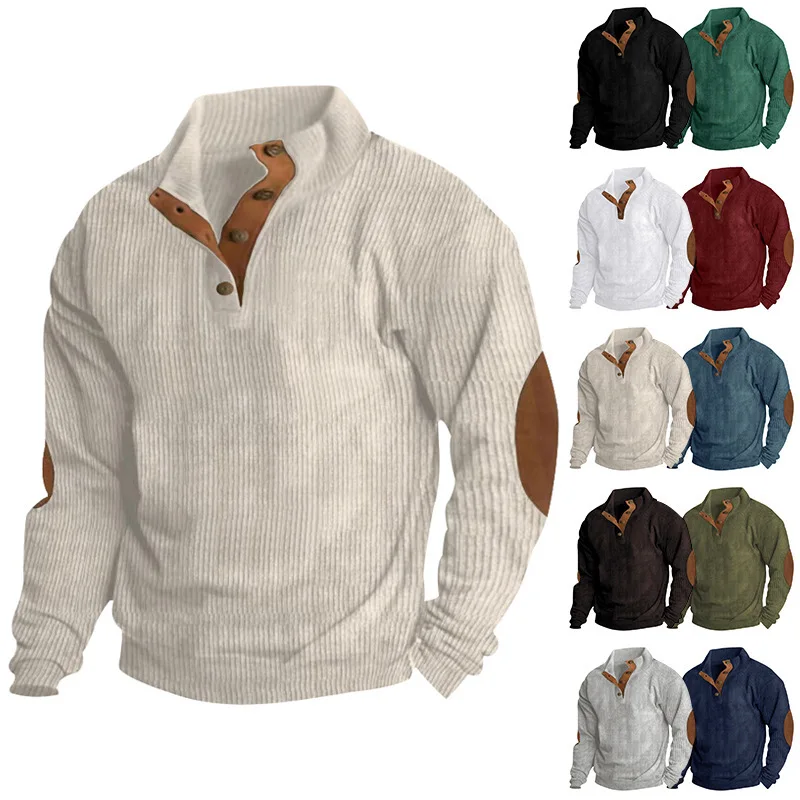 

Men's Pullover Outdoor Casual Buttoned Stand Collar Long Sleeve Pit Strip Corduroy Sweatshirt Autumn Winter Fashion