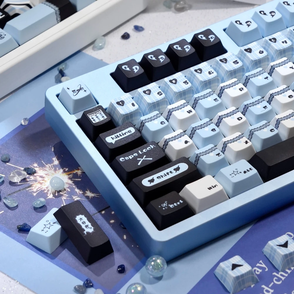 

Колпачки для клавиш MAIMOOO с милыми кружевными элементами, сине-черные, с надписью «Свидания запрещены», PBT Cherry Foa, 148 клавиш, для клавиатуры Aula