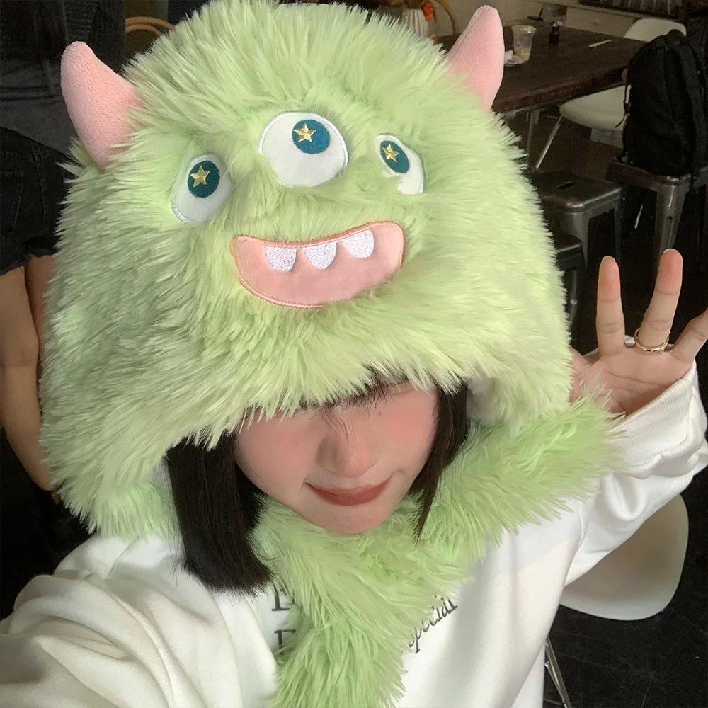 Cute and Funny Plush Monster Trapper Hat Female Winter Warm Thick Cold Fluffy Earflap Cap Cartoon Ugly Cute Earmuffs Bomber Hat