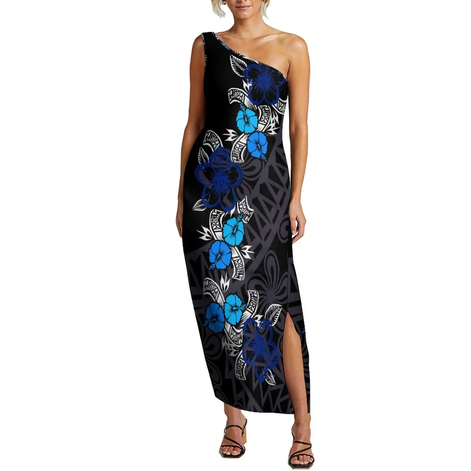 Summer Women'S Off-The-Shoulder Dress Polynesian Tribal Floral Split Women'S Evening Gown Support Design